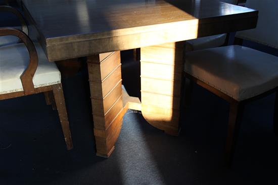 An Art Deco walnut dining room suite, table extended 7ft x 3ft x 2ft 6in.